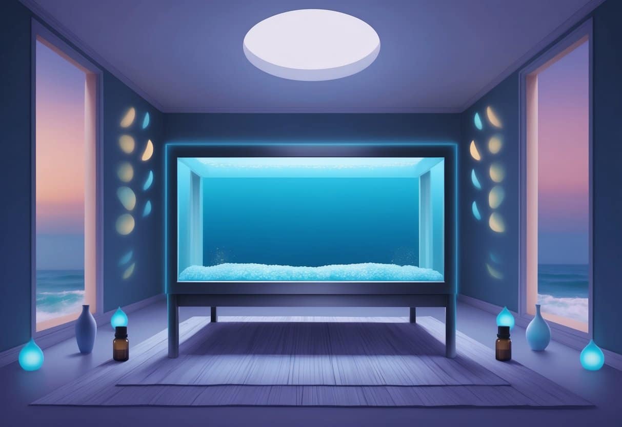A serene, dimly lit room with a large sensory deprivation tank filled with salt water, surrounded by soft ambient music and the scent of essential oils