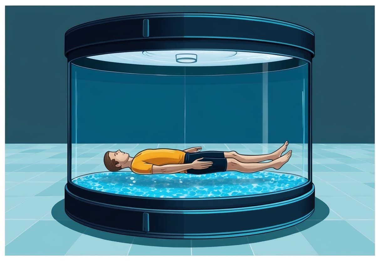 A person floating in a dark, soundproof tank filled with salt water, with only the sensation of weightlessness and the sound of their own breathing