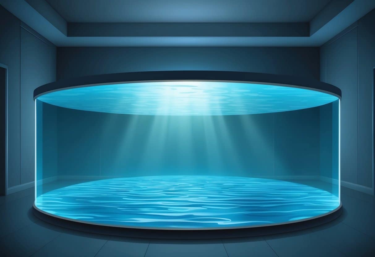 A serene, dimly lit room with a large sensory deprivation tank filled with tranquil, still water. Soft, ambient music plays in the background, creating a peaceful atmosphere