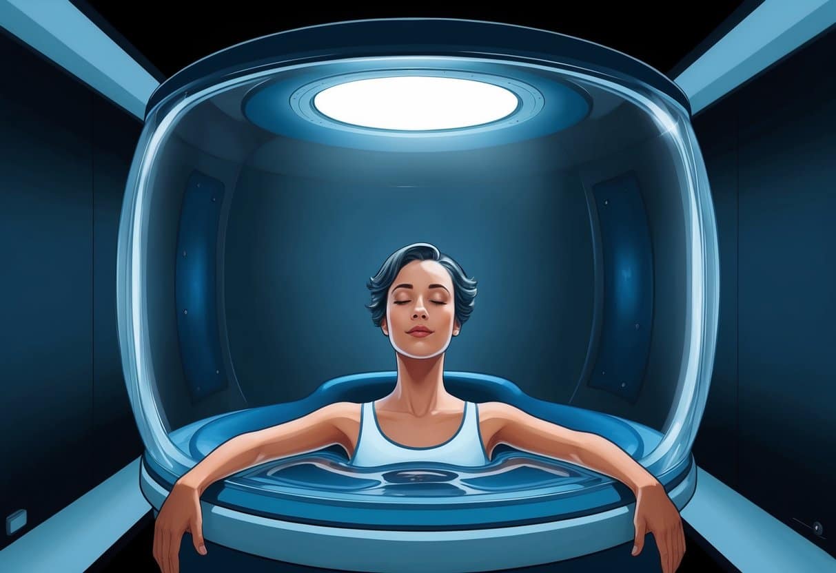 A person floating in a sensory deprivation tank, surrounded by darkness and silence, with a serene expression on their face