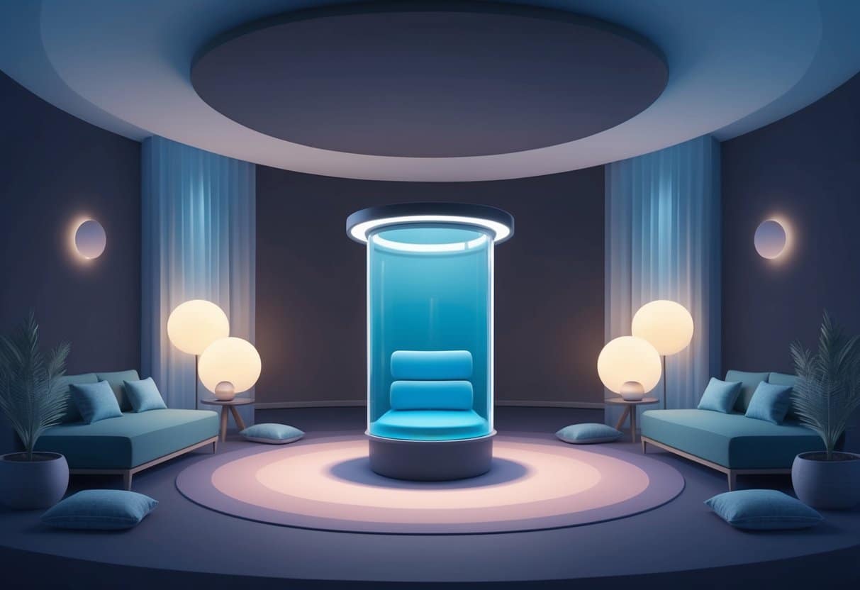 A serene, dimly lit room with a sensory deprivation tank in the center, surrounded by calming decor and soft ambient lighting