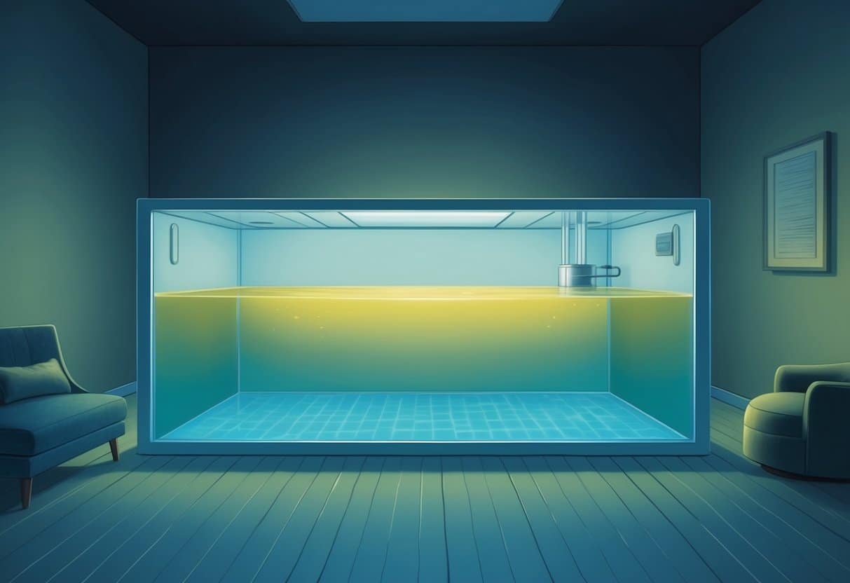 A serene, dimly lit room with a large sensory deprivation tank filled with warm, still water. Soft music plays in the background, creating a peaceful atmosphere
