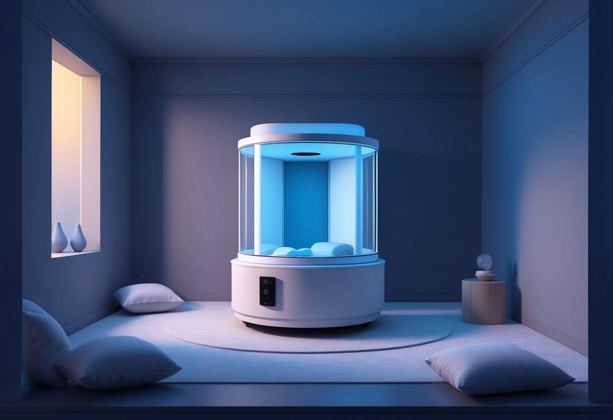 A serene, dimly lit room with a sensory deprivation tank as the focal point. Soft ambient music plays in the background, creating a tranquil atmosphere