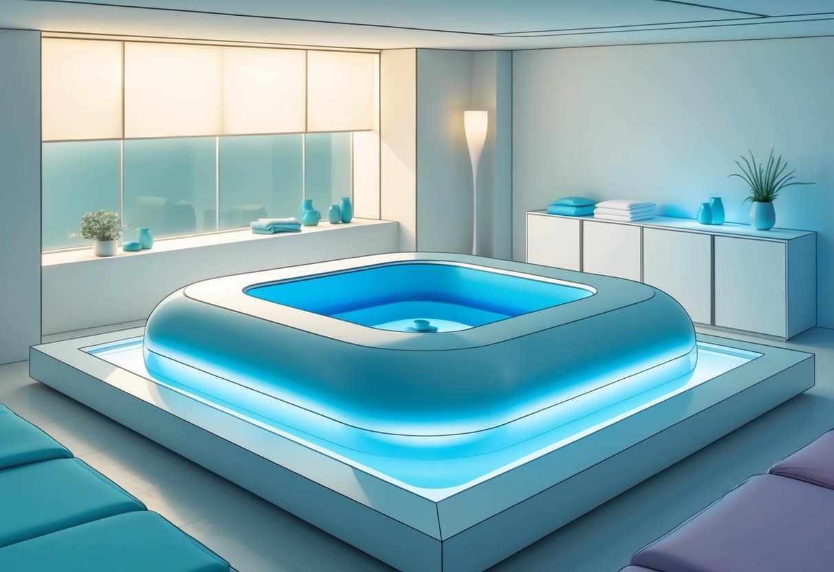 A serene, pristine float tank room with soft lighting, a sleek pod, and a tranquil atmosphere, promoting relaxation and sensory deprivation benefits for health