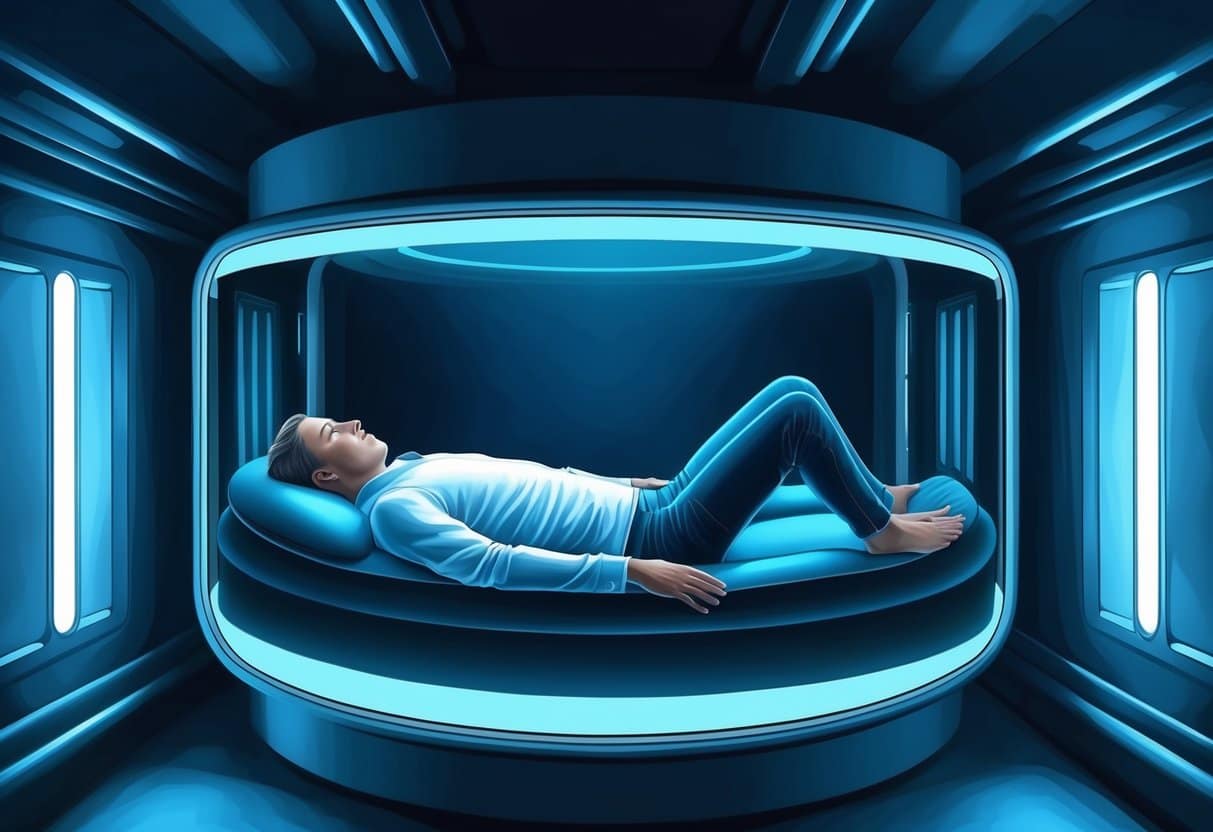 A person floating peacefully in a sensory deprivation tank, surrounded by darkness and silence, experiencing deep relaxation and mental clarity