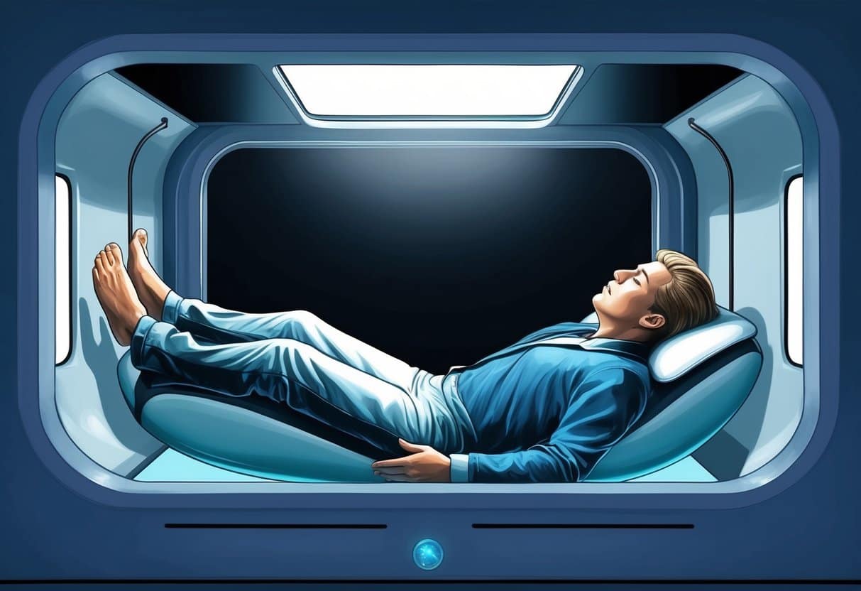 A person floating in a sensory deprivation tank, surrounded by darkness and silence, experiencing relaxation and stress relief