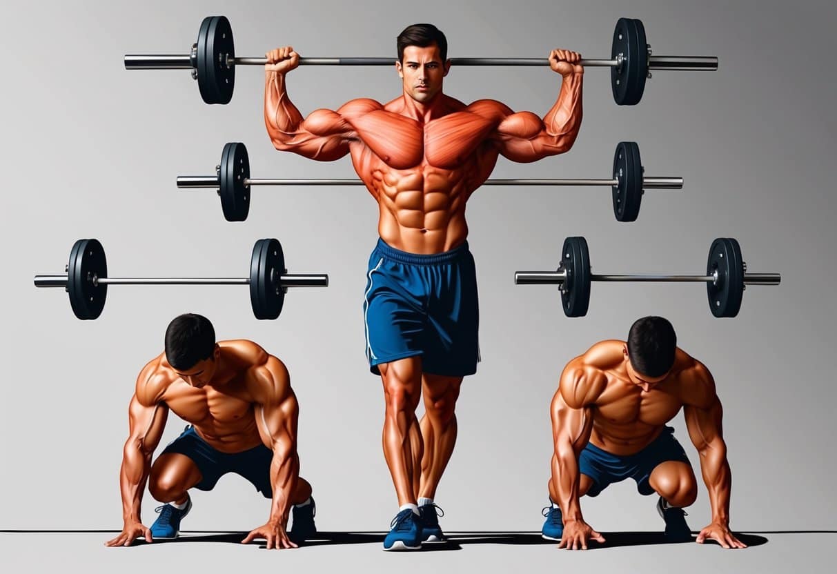 A calisthenics practitioner with a muscular upper body performs various bodyweight exercises, while their lower body remains relatively small in comparison