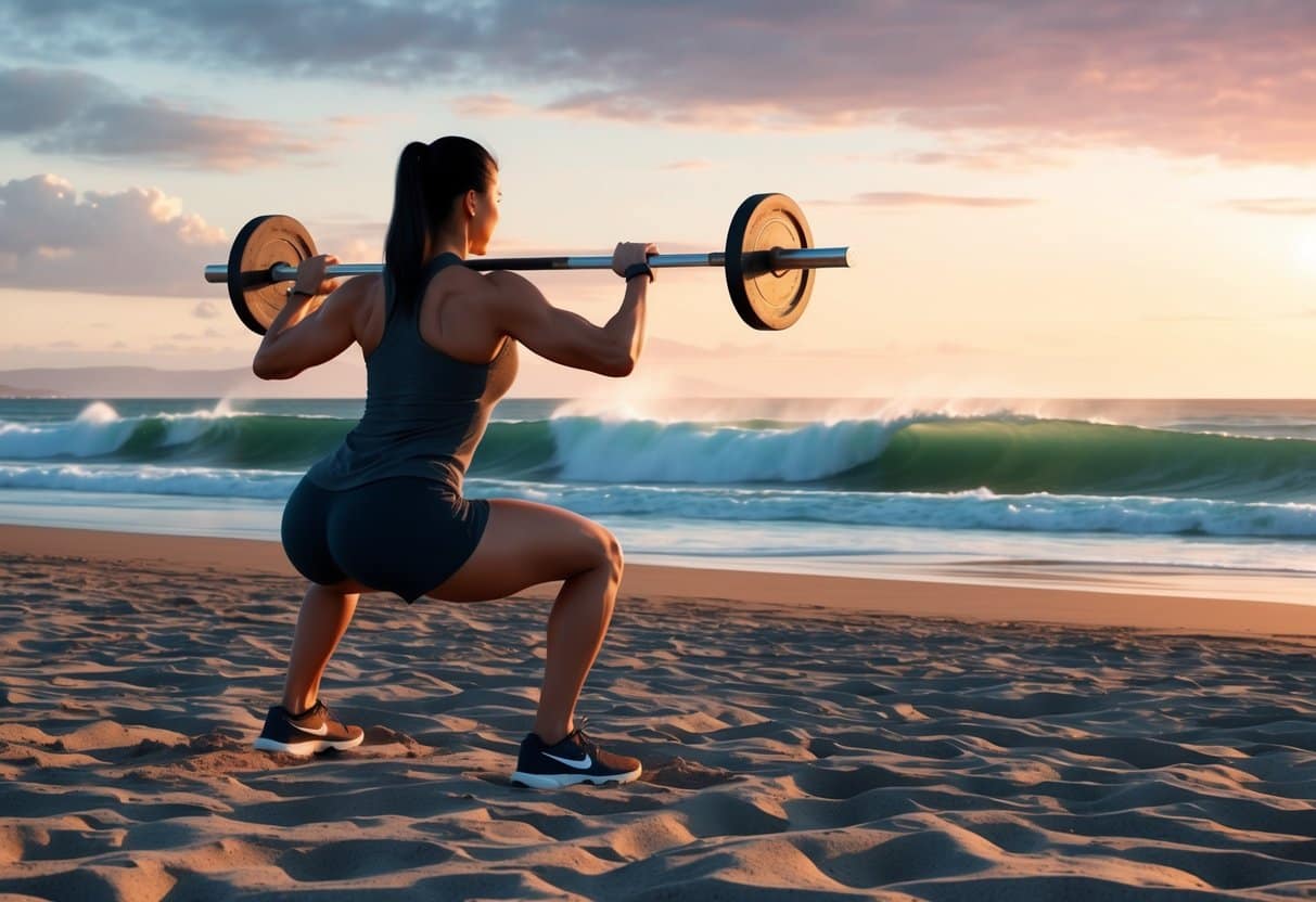 A calisthenics practitioner performing pistol squats on a beach at sunset, with waves crashing in the background
