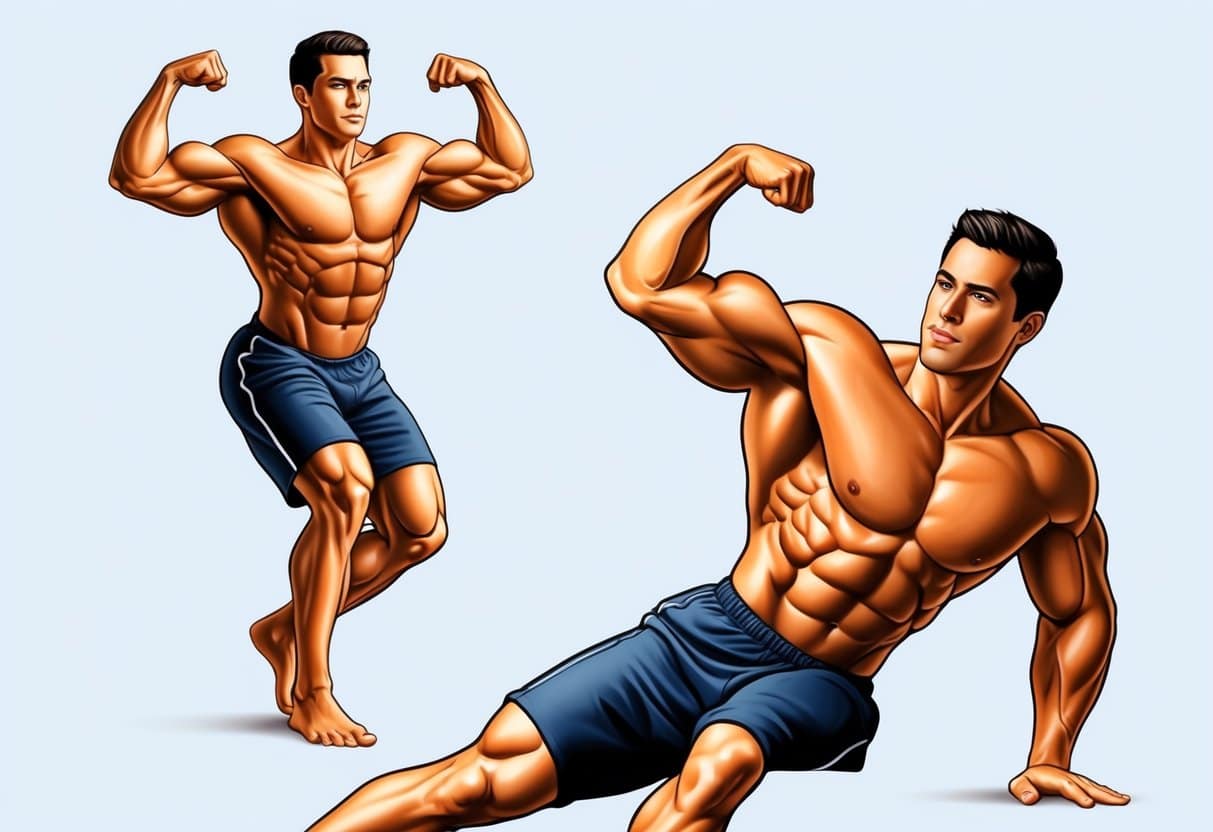 A calisthenics practitioner performing upper body exercises with well-defined arms and torso, while their legs appear smaller in comparison