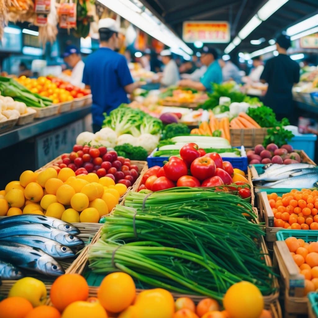 a market with many different fruits and vegetables