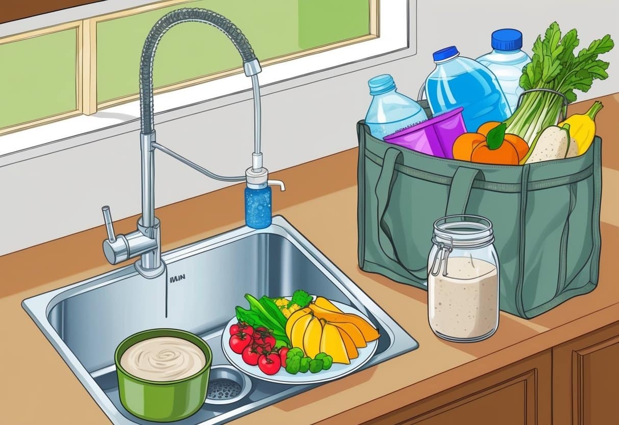 A kitchen sink with a water filter attached, a reusable water bottle, a plate of fresh fruits and vegetables, a glass jar of homemade nut milk, and a cloth grocery bag filled with bulk items