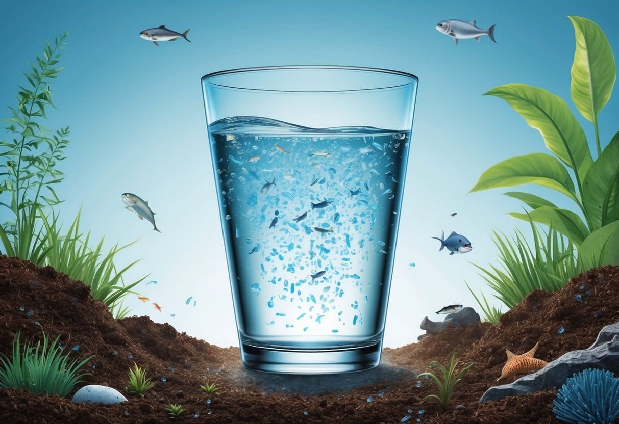 A clear glass of water with tiny plastic particles floating inside, surrounded by natural elements like soil, plants, and marine life