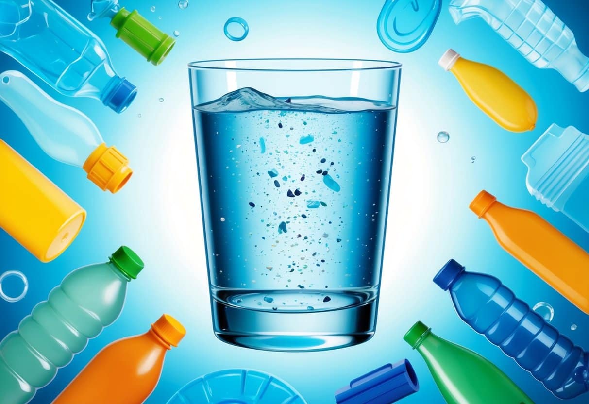 A clear glass of water with microplastic particles floating inside, surrounded by various sources of plastic pollution