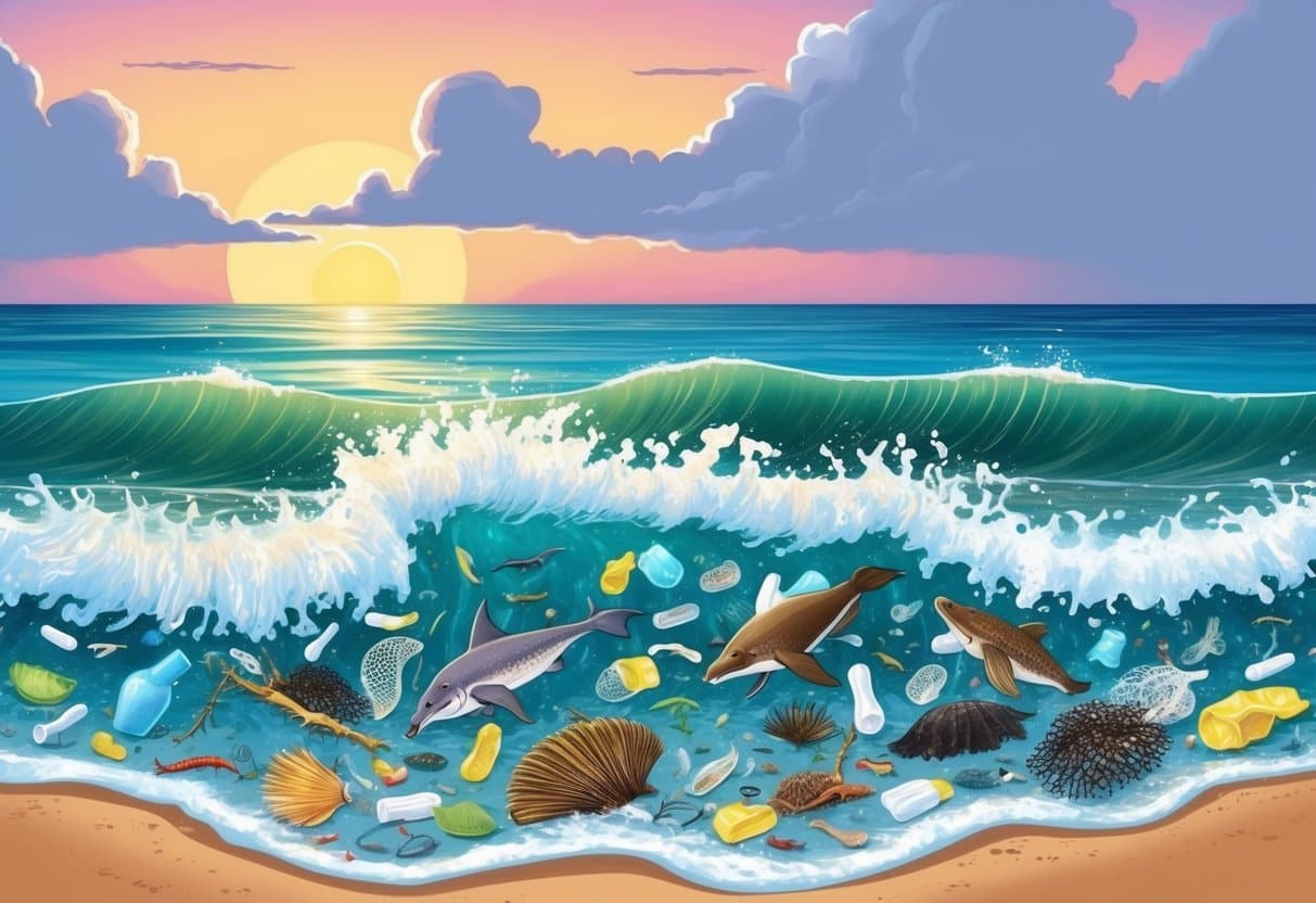A serene beach at sunset, with waves washing up microplastic debris and sea creatures struggling amidst the pollution