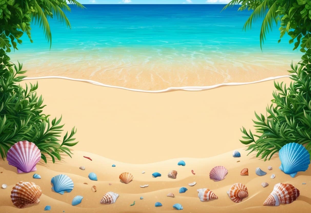 A serene beach with clear blue water and a sandy shore, scattered with colorful seashells and surrounded by lush greenery