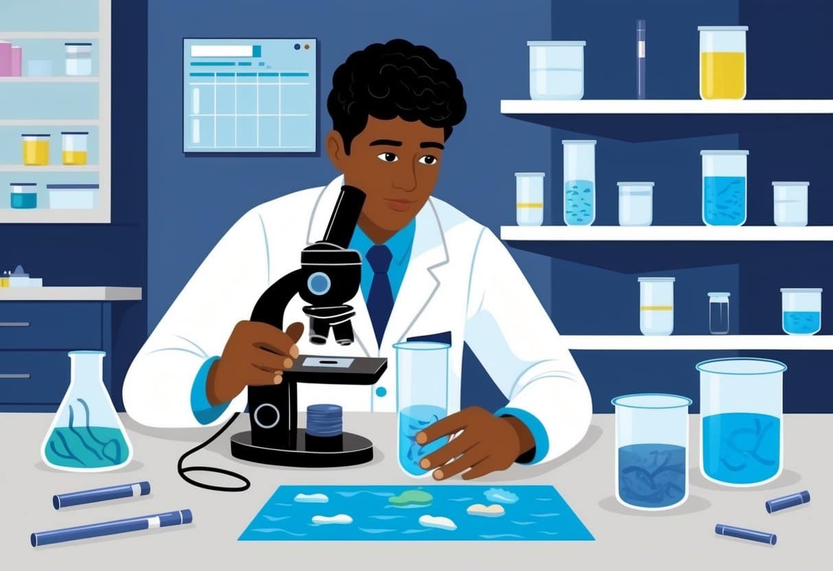 A scientist in a lab, using a microscope to examine water samples for microplastics. Various scientific equipment and containers are scattered around the workspace