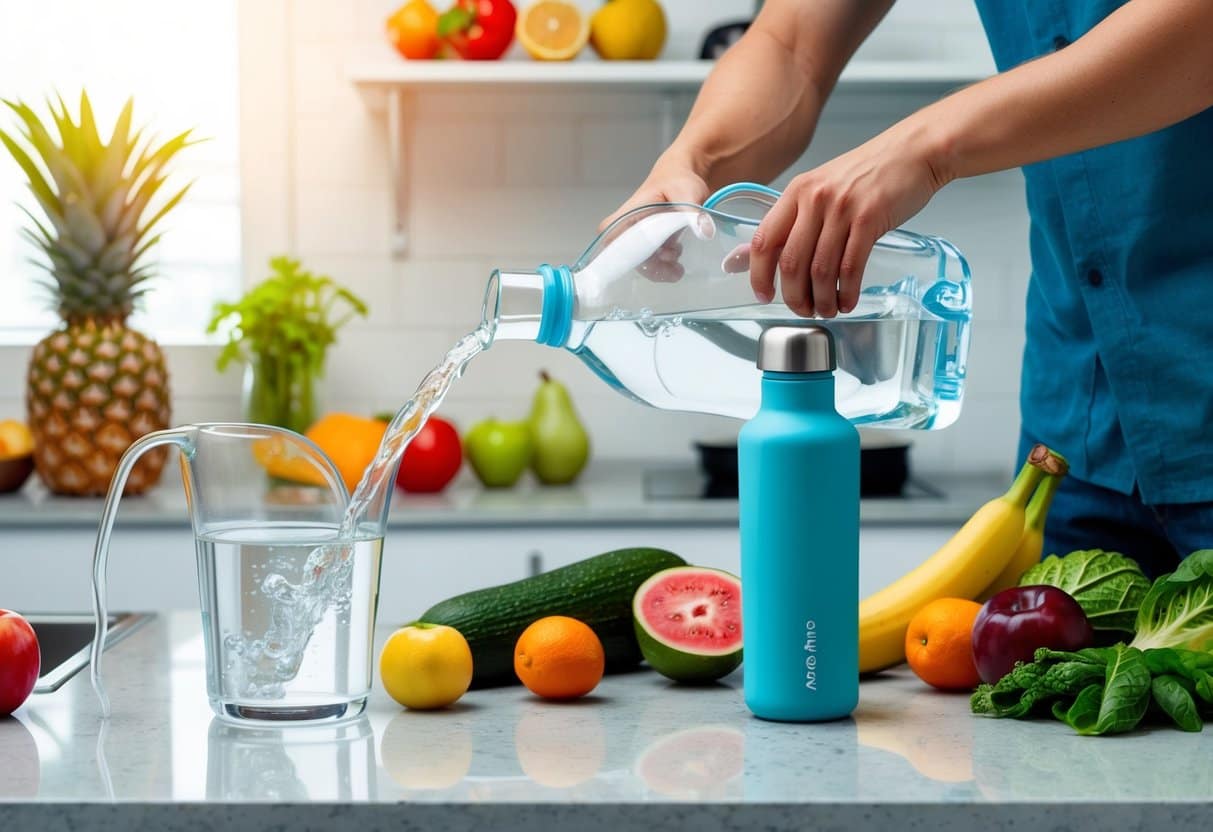 A person pouring filtered water from a pitcher into a reusable bottle, surrounded by various fruits and vegetables on a kitchen counter
