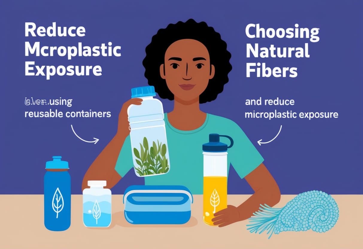 A person using reusable containers, filtering water, and choosing natural fibers to reduce microplastic exposure