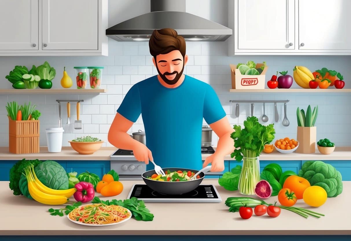 A person cooking a healthy meal in a kitchen, surrounded by fresh fruits and vegetables, while avoiding takeout and fast food packaging