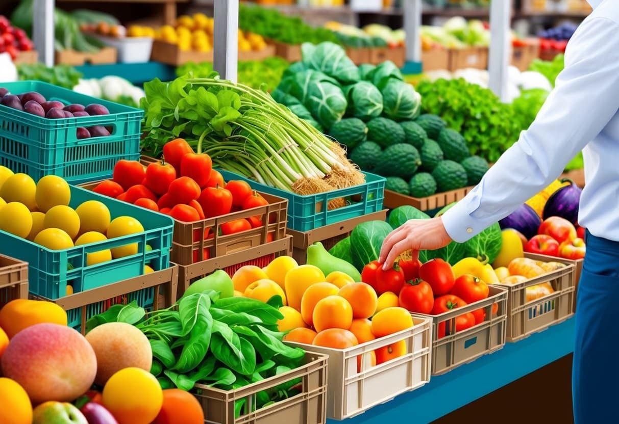 A hand selecting loose produce from a farmers market stall, with various fruits and vegetables piled in baskets and crates