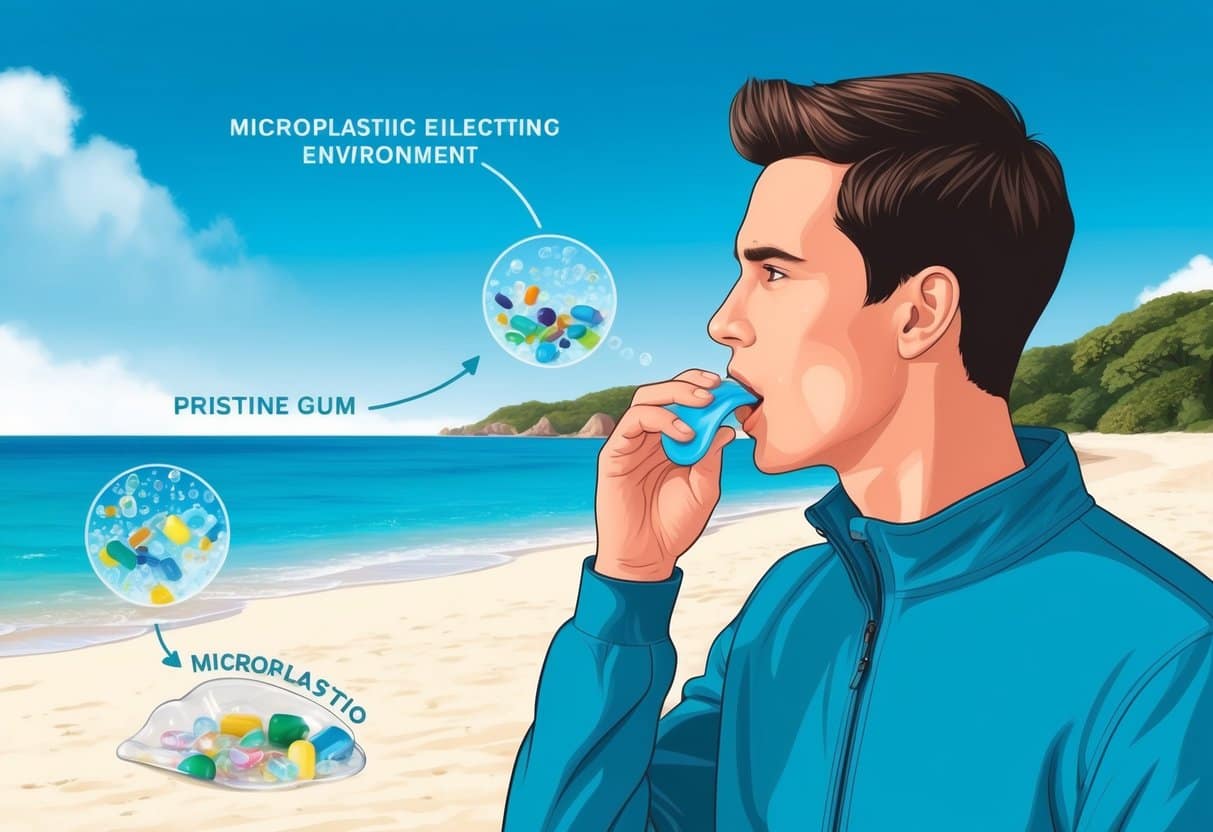 A person spitting out chewing gum near a pristine beach, with microplastics highlighted in the surrounding environment