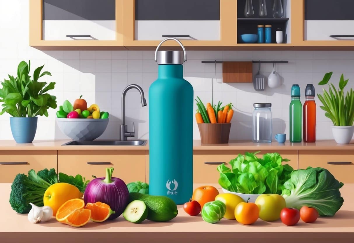 A kitchen counter with a variety of food and drink items, including fruits, vegetables, and a reusable water bottle