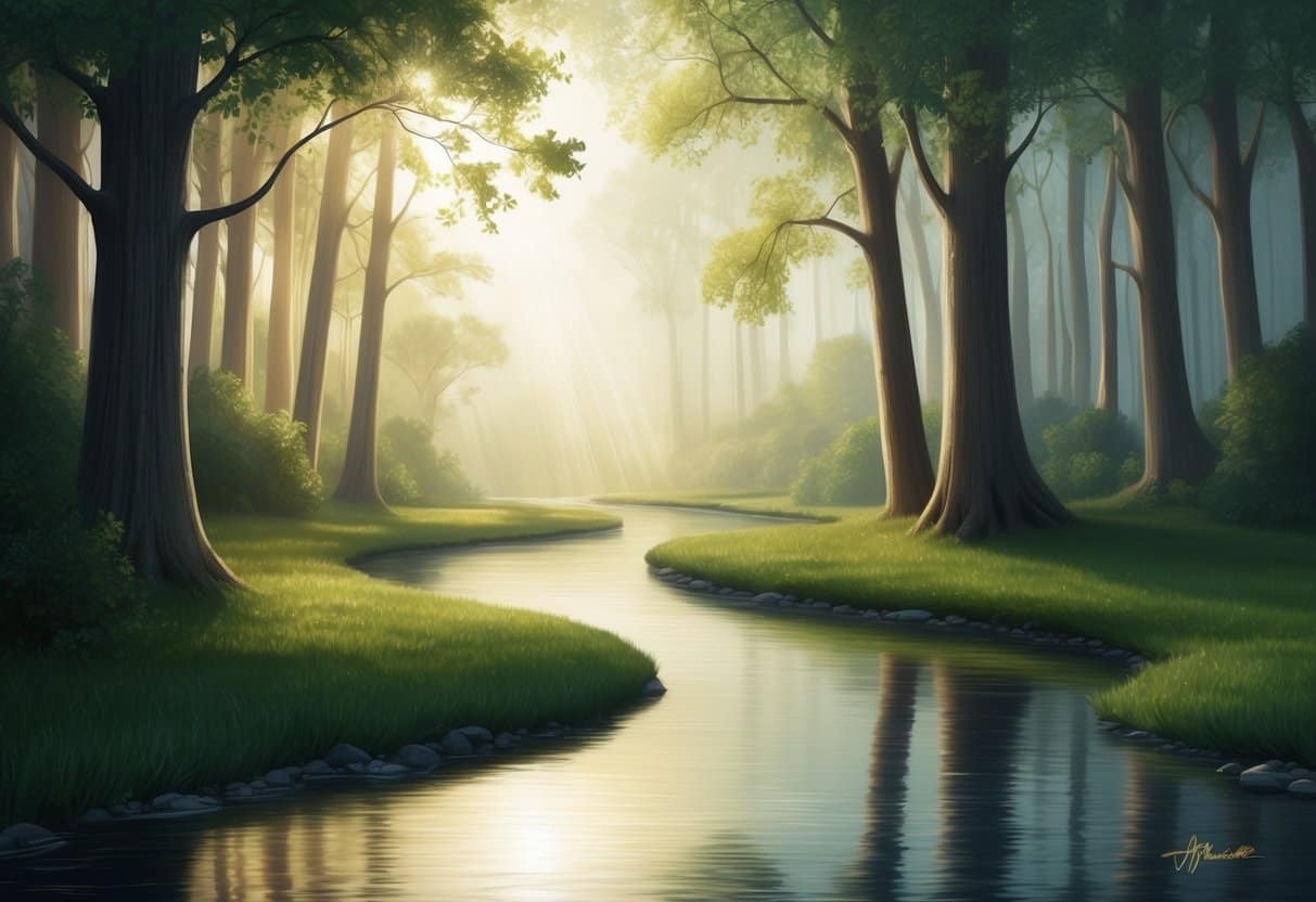 A serene forest with a winding river, sunlight streaming through the trees, and a calm, still atmosphere