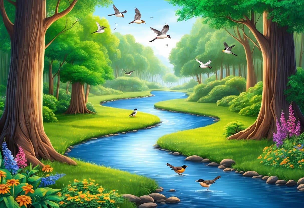 A serene forest with a winding river, surrounded by vibrant greenery and colorful flowers, with birds flying and chirping overhead