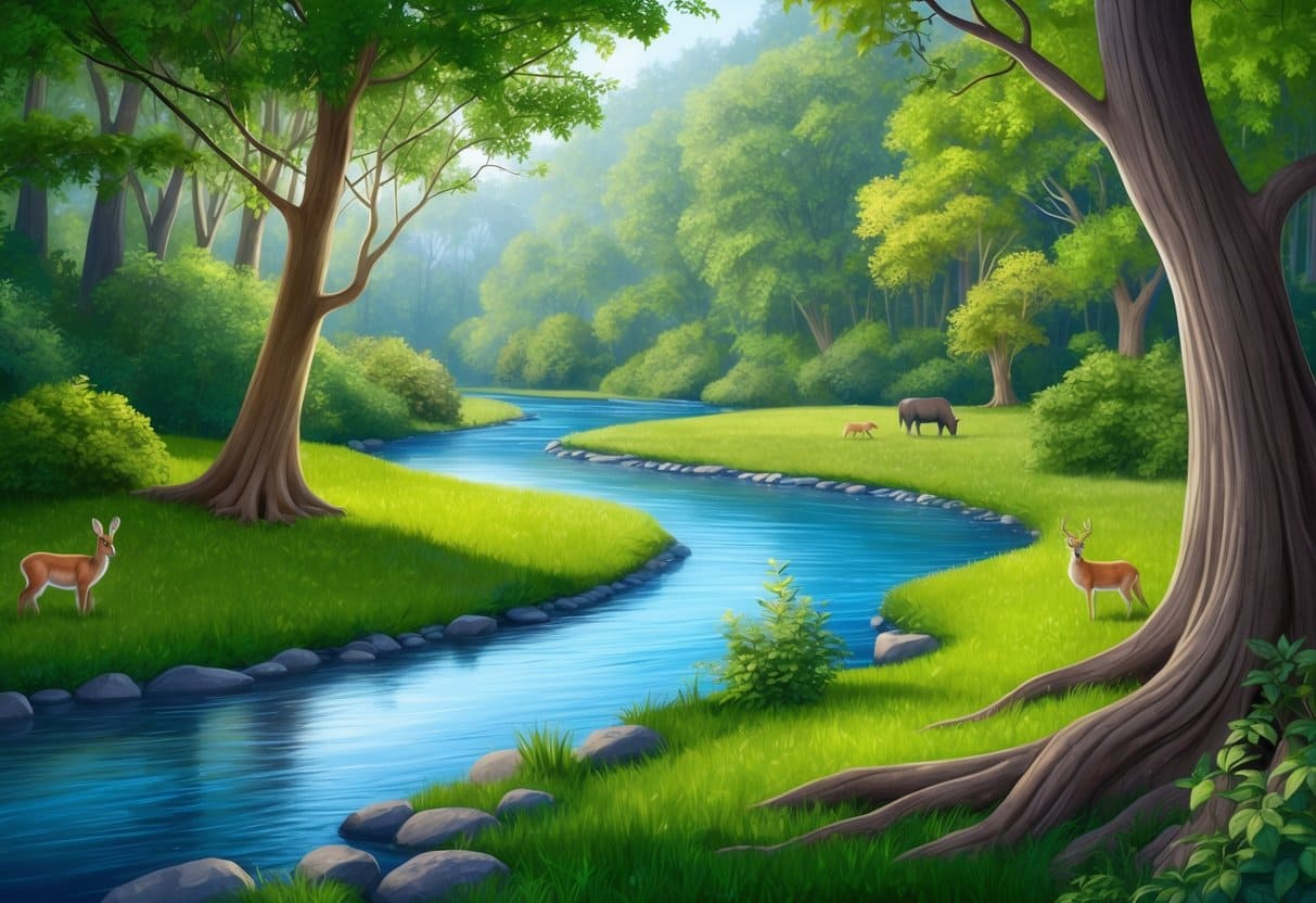 A serene forest with a winding river, surrounded by lush greenery and peaceful wildlife, with a clear focus on the vagus nerve