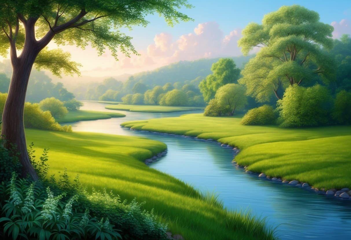 A serene landscape with a winding river and lush greenery, with a sense of calm and tranquility emanating from the surroundings