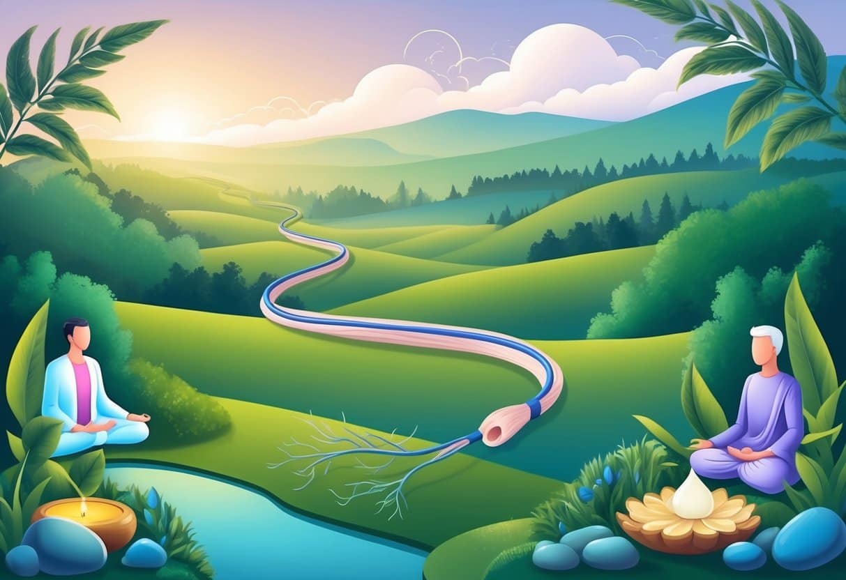 A serene landscape with a prominent vagus nerve winding through it, surrounded by calming elements such as nature, meditation, and relaxation techniques