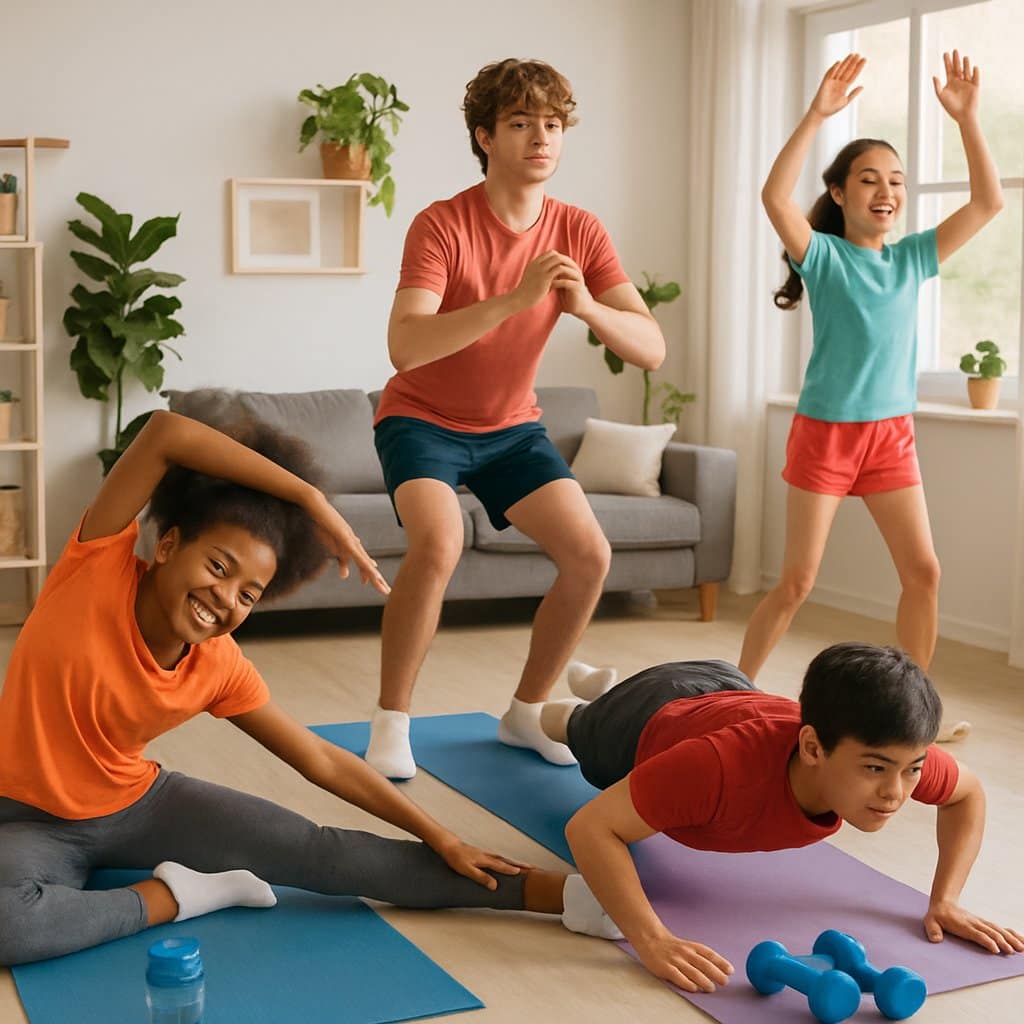 A group of teenagers exercising together in a bright living room, performing stretches and bodyweight workouts.
