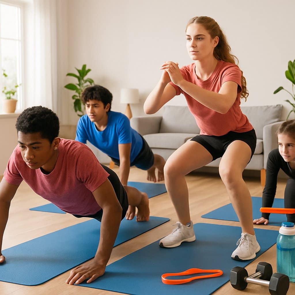 A group of teenagers exercising together in a bright living room using workout mats and equipment.