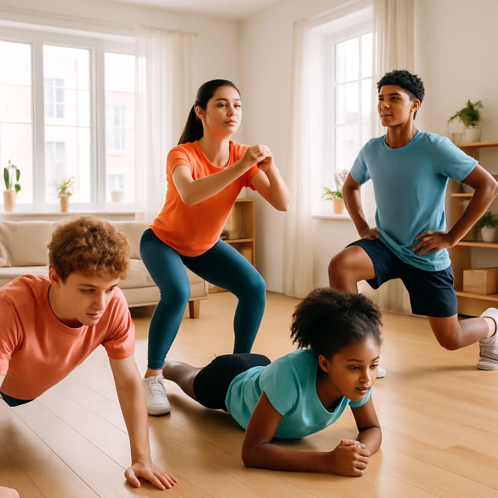 A group of teenagers exercising with bodyweight moves in a bright home living room.