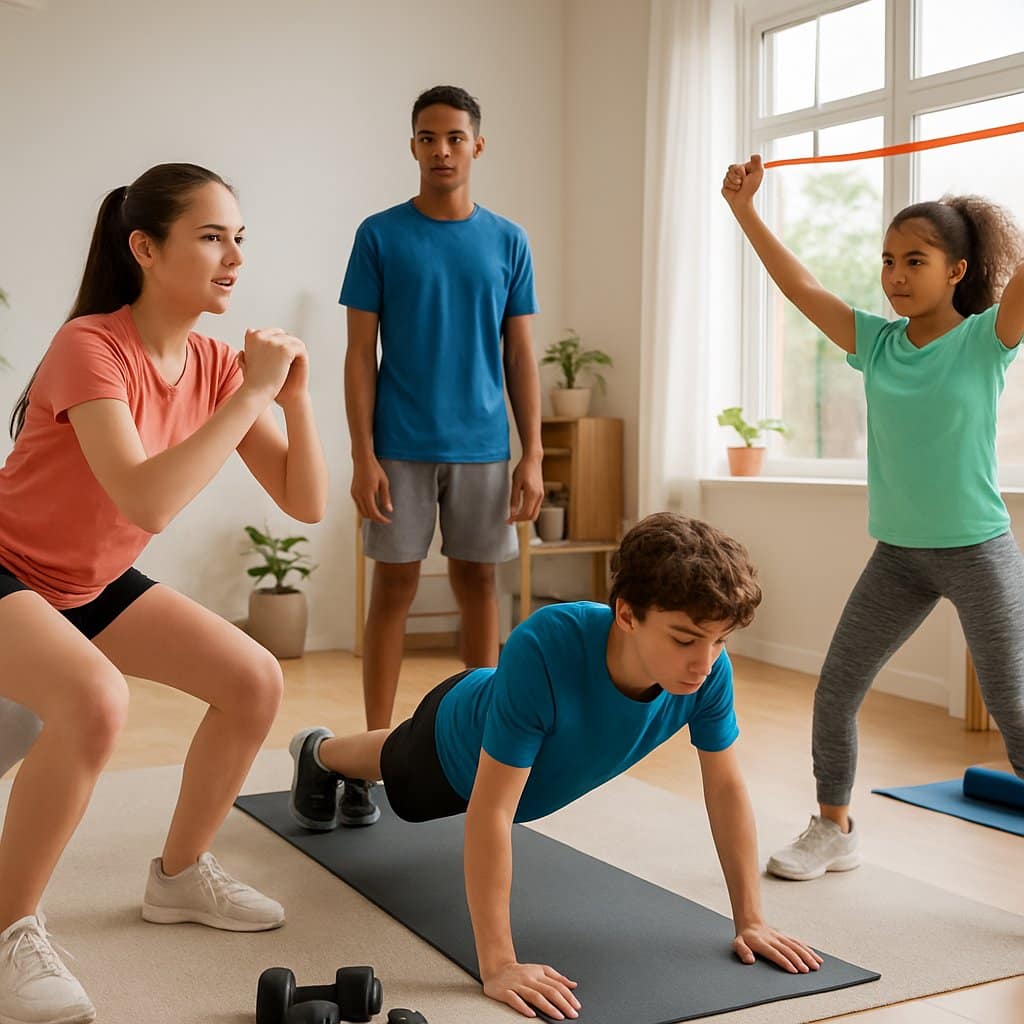 Teenagers exercising together in a bright home gym, doing squats, push-ups, and stretching.