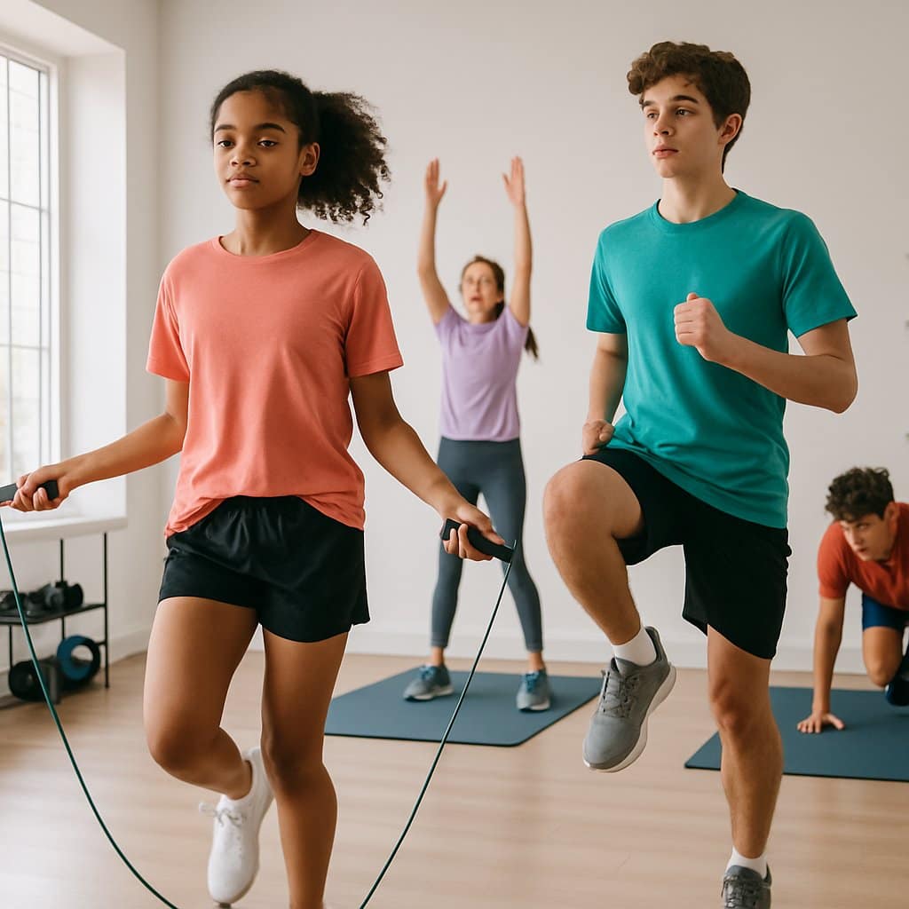 A group of teenagers exercising together at home, doing jumping rope, high knees, and jumping jacks in a bright room.