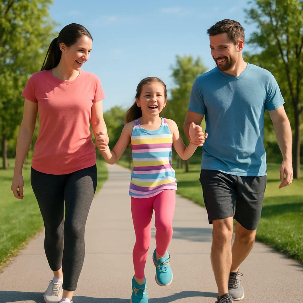 Parents holding their young daughter's hands as she skips happily between them outdoors in a park.