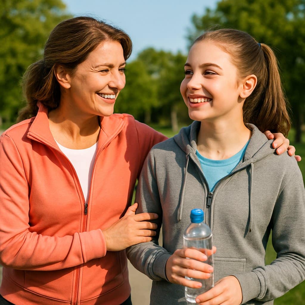 A mother and her teenage daughter smiling and preparing to exercise together outdoors in a park.