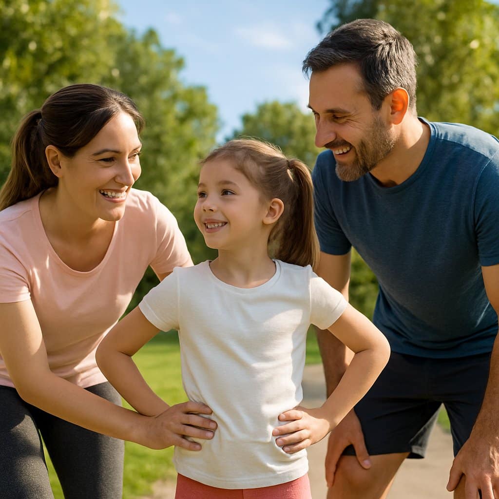 A mother and father encouraging their young daughter to exercise outdoors in a sunny park.