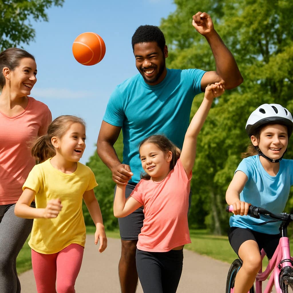 Parents and their daughters exercising together outdoors in a park, engaging in activities like jogging, biking, and playing catch.