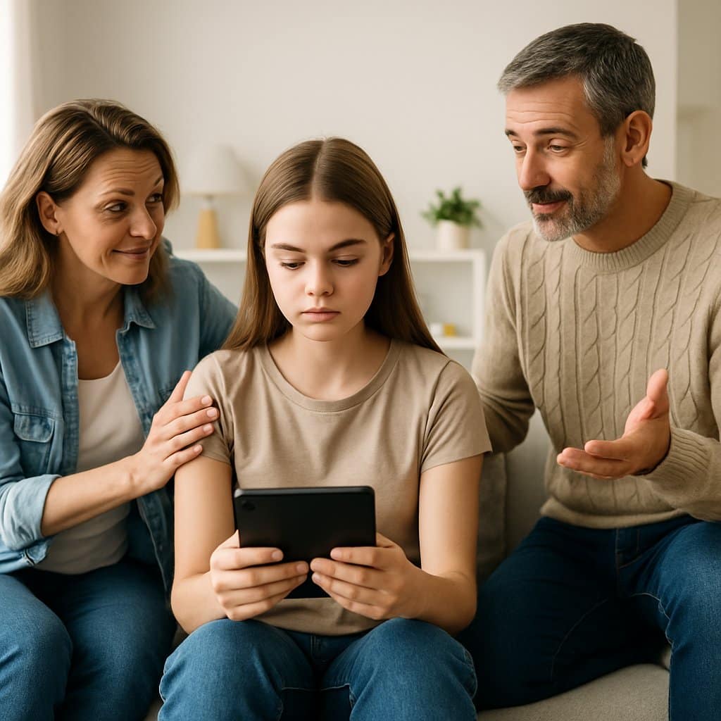 A teenage girl sitting on a couch with a tablet while her parents talk to her supportively in a bright living room with exercise items visible nearby.