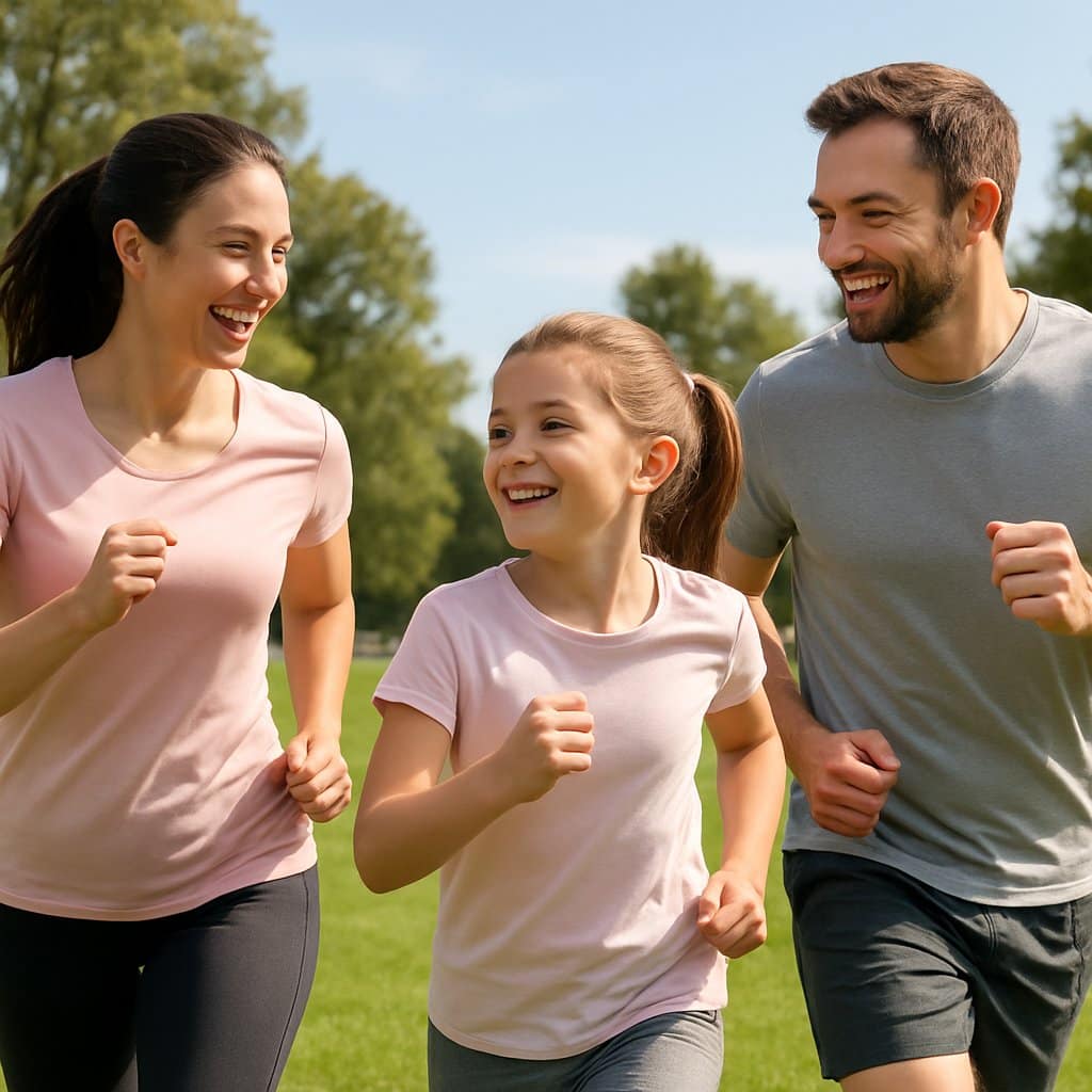A mother and father exercising outdoors with their young daughter in a park, all smiling and enjoying the activity together.