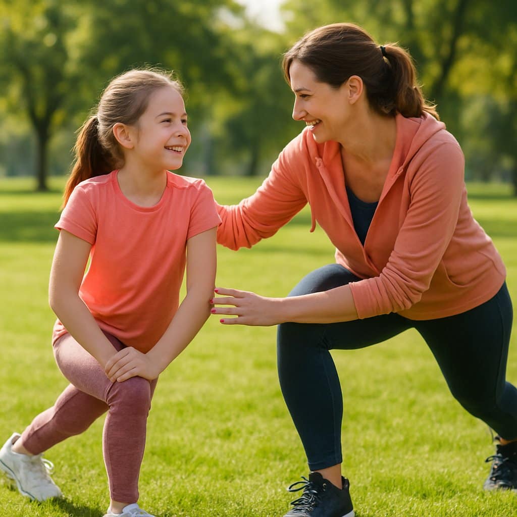 A mother and her young daughter exercising together outdoors in a sunny park, smiling and enjoying physical activity.