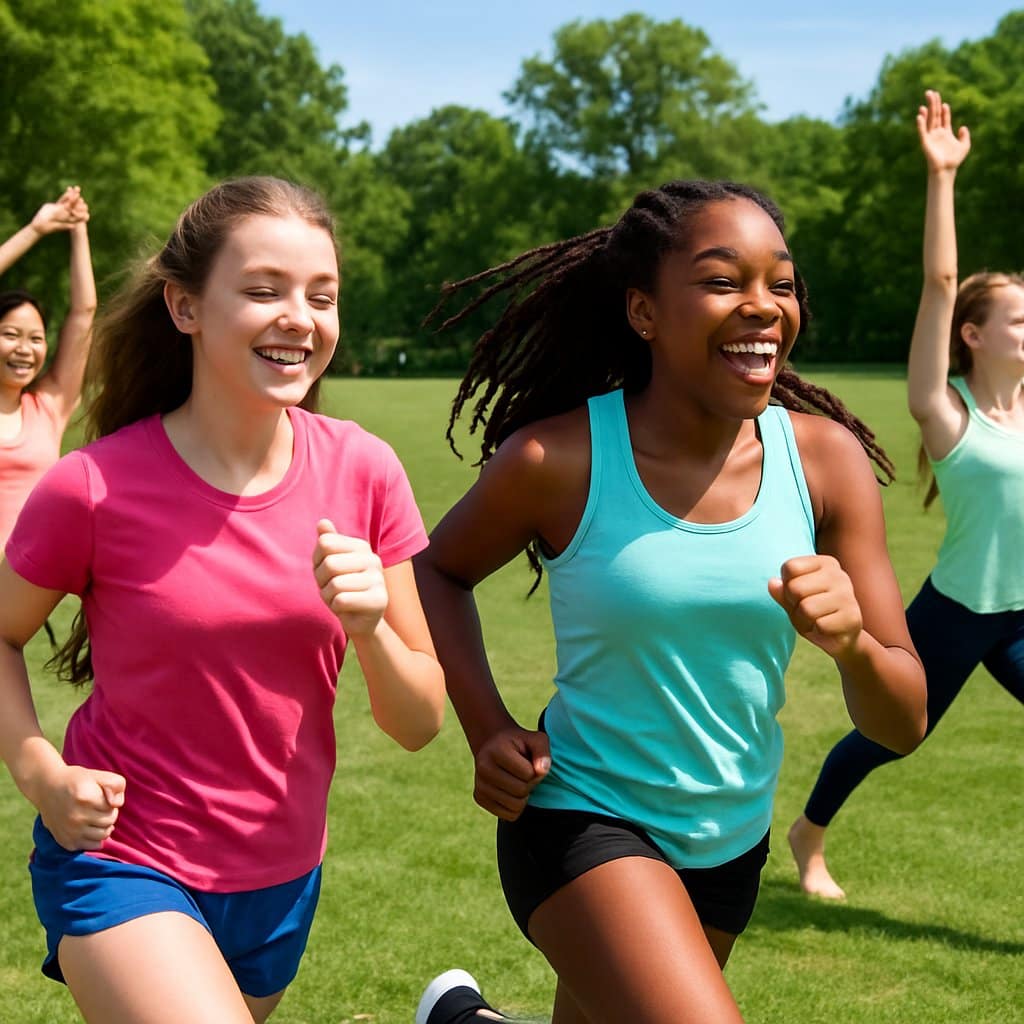 A group of teenage girls exercising outdoors in a park, running, stretching, and doing yoga on a sunny day.
