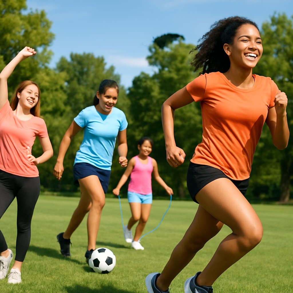 A group of teenage girls exercising and playing sports outdoors in a sunny park.