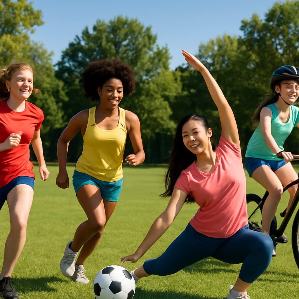 A group of teenage girls outdoors participating in running, soccer, yoga, and biking in a sunny park.