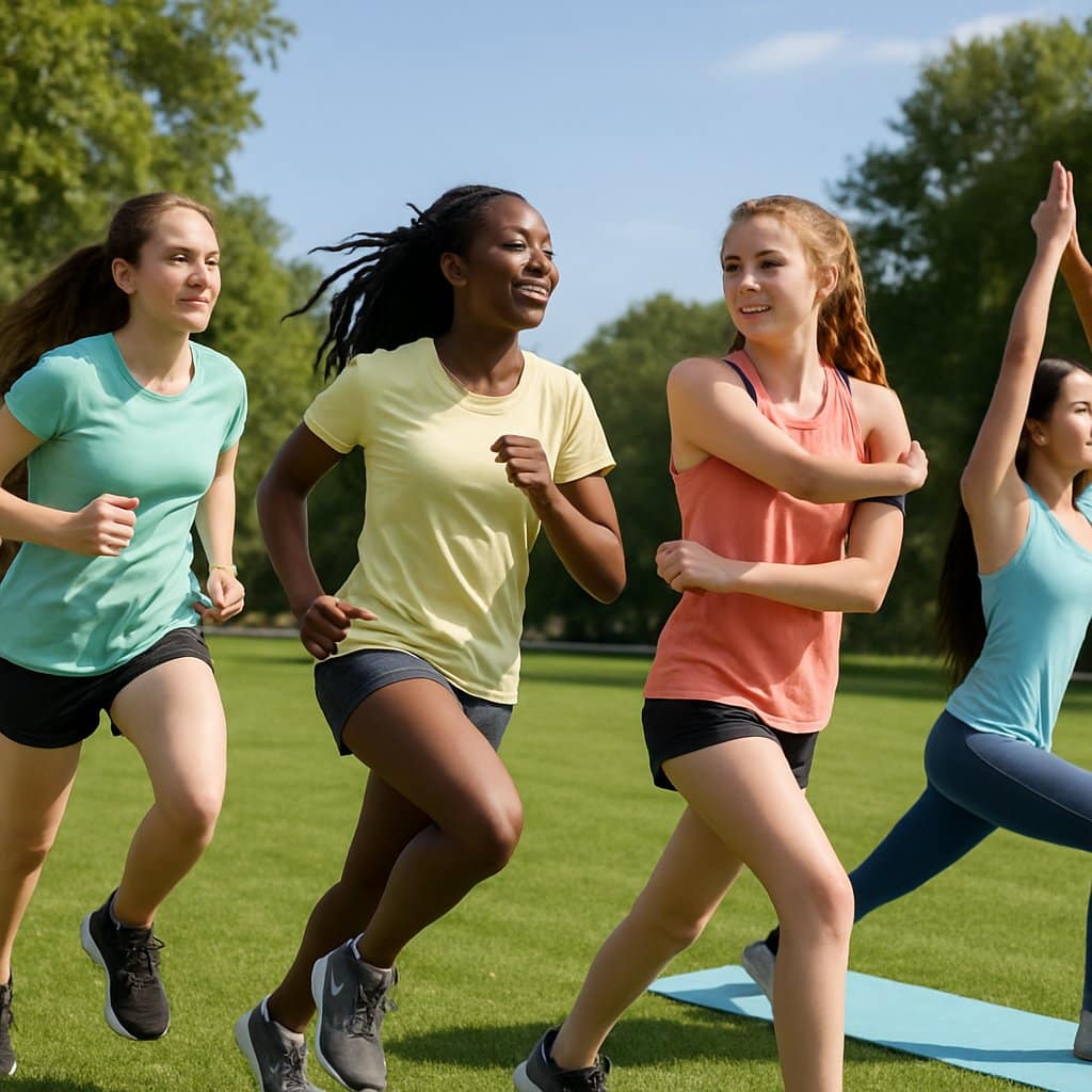 A group of teenage girls exercising outdoors in a park, running, stretching, and doing yoga on a grassy field.