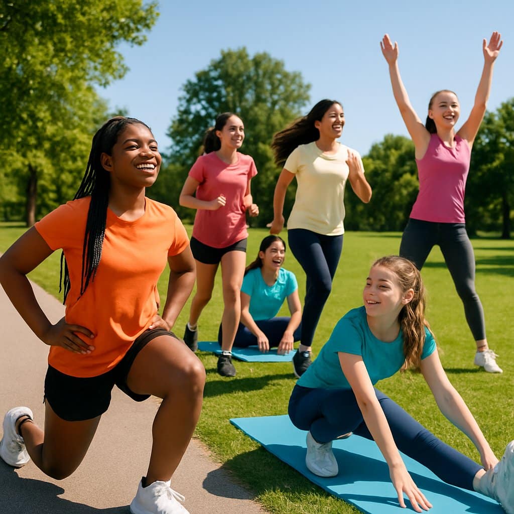 A group of teenage girls exercising together outdoors in a sunny park, jogging, stretching, and doing bodyweight exercises.