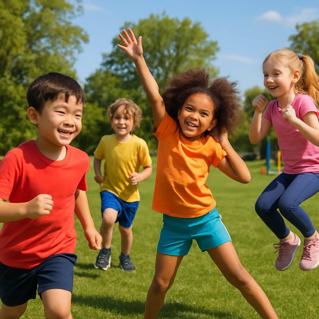 Children exercising and playing outdoors on a sunny day in a park.