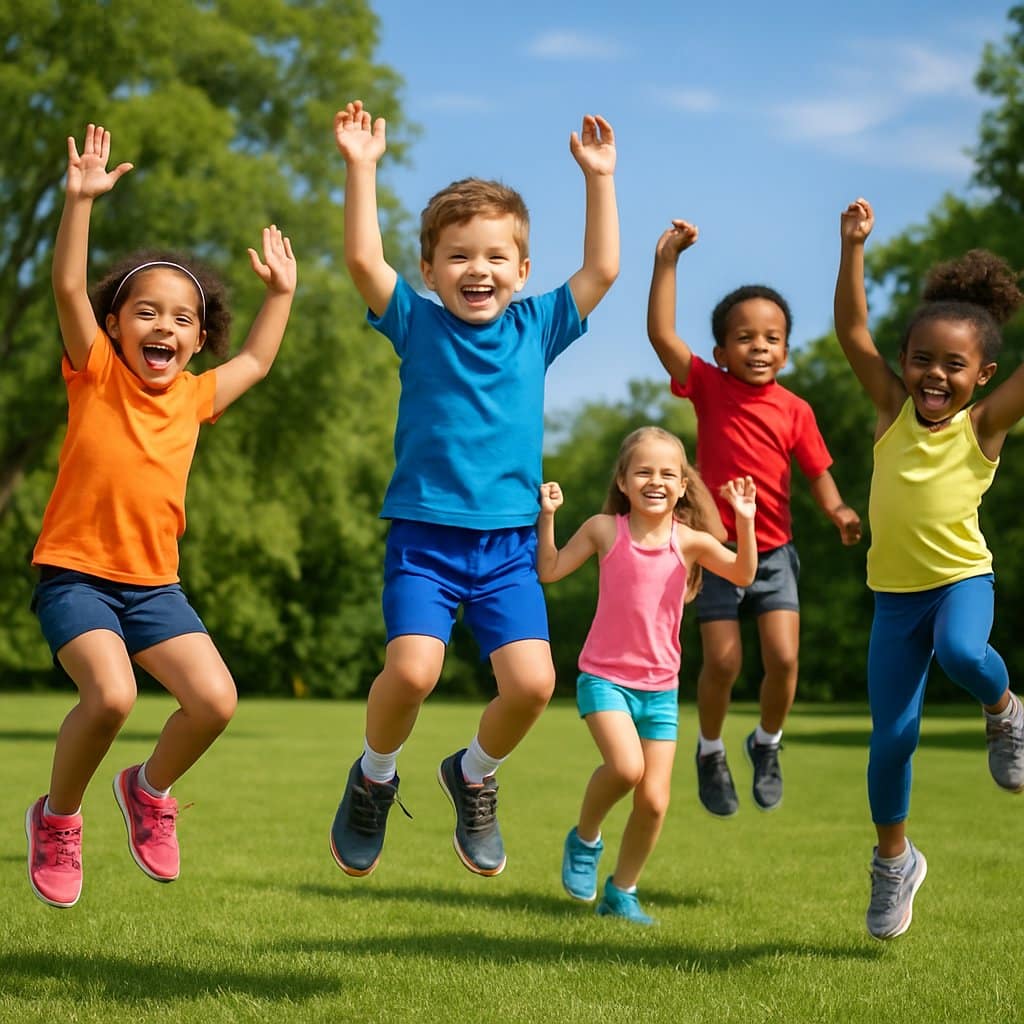 A group of children jumping energetically outdoors in a sunny park.